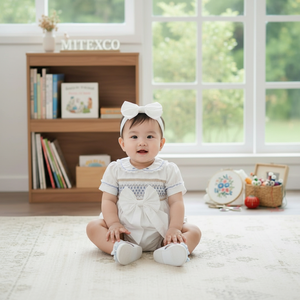 Nuevo Mono de Bebé Blanco con Bordado a Mano, 100% Algodón, Lazo Grande, Manga Corta, Ropa de Boutique - Product Image 1