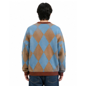 2026 Men's Blue <b>Brown</b> Argyle Knitted Sweater Pullover Regular Sleeve Autumn Wear 100% Acrylic Spliced Design - Product Image 3