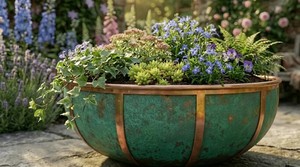 Outdoor <b>Large</b> Rounded Rustic Galvanized Green Patina and Copper Strip Design Outdoor Garden Rustic Planters Pots - Product Image 3