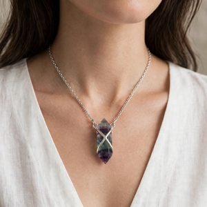 Collier pendentif en cristal de fluorite arc-en-ciel naturel, 25 mm, laiton, argent, or, or rose, plaqué rhodium, bijoux personnalisés, cadeau - Product Image 2