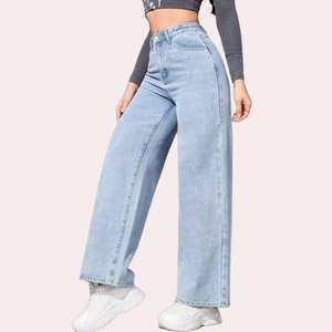Jeans Anchos de Corte Recto con Bolsillos, Cintura Alta, 100% Algodón, Lavado Ácido - Product Image 1
