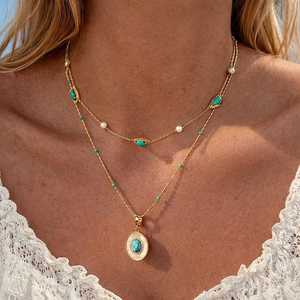 สร้อยคอจี้เทอร์ควอยซ์แบบซ้อนประดับมุก ชุบทอง 14K เงินแท้ 925 เครื่องประดับสไตล์โบโฮ - Product Image 3