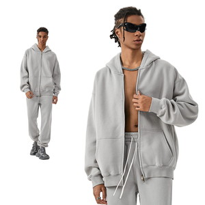 Light Gray Oversized <b>Zip</b>-<b>Up</b> <b>Hoodie</b> Unisex Hooded Sweatshirt Solid Color Pullover Jacket with Front Logo for Winter Casual Wear - Product Image 2