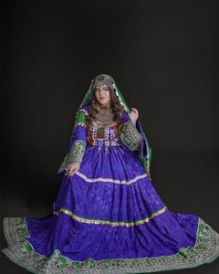 Afghani <b>Dress</b> Women Traditional Embroidered Purple Green Floor Length Ball Gown Choker Neck Full Sleeve Elegant <b>Formal</b> Wear - Product Image 1