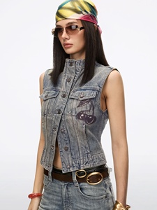 Slim Fit Denim Vest With Stand Collar Button Closure Washed Blue Casual <b>Jacket</b> For Women and <b>men</b> Spring Style - Product Image 5