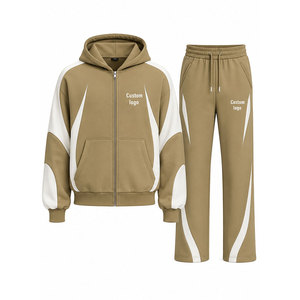Custom Logo Khaki White Color Blocking Tracksuit 100% Set Full <b>Zip</b> <b>Hooded</b> 450 Gsm Sweatshirt Pants - Product Image 1