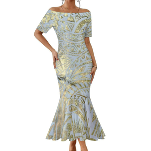 Robe sirène sexy et ajustée à manches courtes, épaules dénudées, imprimé par sublimation, style tie-dye hawaïen tropical - Product Image 3