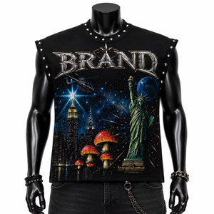Débardeur personnalisé effet vieilli avec strass, coupe ample vintage, sans manches, imprimé DTG, unisexe, streetwear décontracté - Product Image 3