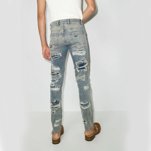 Jean en denim déchiré et vieilli pour homme, taille haute, coupe droite, décontracté, bleu, en coton lavé, respirant, écologique, automne - Product Image 3