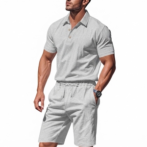 Ensemble polo et short en coton pour homme, couleur unie, décontracté, respirant, tricoté, 2 pièces, gris - Product Image 5