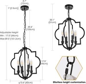 Lustre lanterne géométrique noir moderne, luminaire suspendu contemporain à cadre ouvert, luminaire de plafond en métal style ferme - Product Image 5