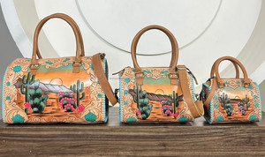 Ensemble de bagages de voyage pour femme, collection assortie 3 pièces, sac de voyage en cuir tooled Western, imprimé cactus coucher de soleil, nouveau - Product Image 5