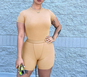 Ensemble décontracté d'été pour femme : Legging tricoté taille haute rose personnalisé à manches courtes, couleur unie, extensible et sexy - Product Image 3