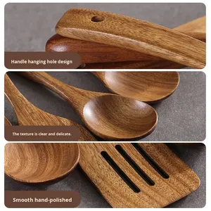 Ensemble d'ustensiles de cuisine en bois plaqué or rose, faits à la main, avec long manche miroir, spatule, cuillère et spatule à retourner antiadhésives - Product Image 2