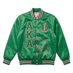 Veste bomber de sororité AKA Sorority Spring Collegiate Greek Apparel, verte et rose, pour femmes, coupe courte, respirante, en satin tricoté, broderie sororité. - Product Image 1