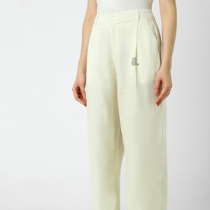 Pantalon large vert clair pour femme, taille haute, fermeture boutonnée, coupe ample, longueur cheville, couleur unie, en lin, style été minimaliste - Product Image 3