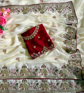 ผ้าซารีจอร์เจตต์ลายดาว พร้อมงานปักดิ้นและเลื่อม ดีไซน์เนอร์ C Pallu  ตกแต่งขอบด้วยผ้าปิ๊ปปิ้ง พร้อมเสื้อผ้าซาตินบังลอรีปักลาย - Product Image 6