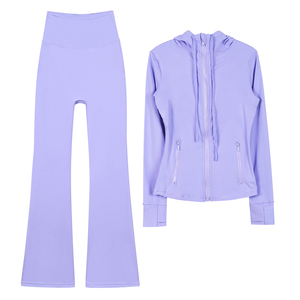 Set Sportivo da <span class=keywords><strong>Donna</strong></span> Personalizzato, Altamente Elastico <span class=keywords><strong>e</strong></span> Traspirante, Tinta Unita, con Giacca con Cappuccio <span class=keywords><strong>e</strong></span> Pantaloni a Zampa, Completo Yoga in Due Pezzi - Product Image 5