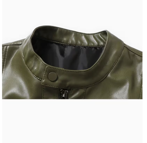 TRIBON SPORTS Men's Olive Green Cowhide Leather Bomber <b>Jacket</b> Stand Collar Zipper Closure <b>Slim</b> <b>Fit</b> Winter Casual Embroidered - Product Image 5