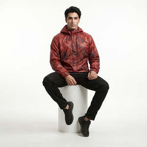 Men's Hooded <b>Red</b> Camouflage Printed PU Windbreaker <b>Jacket</b> Casual <b>Waterproof</b> Outerwear Autumn Wear - Product Image 3
