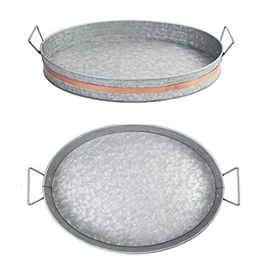 Modern Design Galvanized Metal Oval Serving <b>Tray</b> With Handle Farmhouse Decorative Platter With Copper Tone Trim For Home Kitchen - Product Image 1