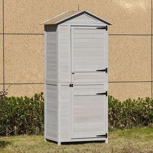 Armadio Porta Attrezzi da Giardino in Legno Grigio Chiaro a 4 Ripiani, Organizzatore da Esterno a 3 Scaffali con Chiusura Magnetica e Tetto in Lamiera - Product Image 2