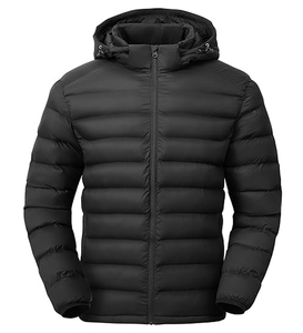 Men's Winter Puffer Jacket with Hood Solid <b>Pattern</b> Front Logo Zipper Closure - Product Image 1