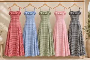 <b>Red</b> Gingham <b>Check</b> Ruffled Strap Midi <b>Dress</b> A-Line Vintage Casual Summer Cotton Woven Fitted Flared Hem - Product Image 4
