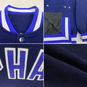 เสื้อแจ็คเก็ตวาร์ซิตี้สีน้ำเงินกรมท่าขาวแบบสั่งทำพิเศษ ขายส่งสำหรับทุกเพศ กระดุมแป๊กเต็มตัว ทรงเข้ารูป สไตล์บอมเบอร์ เสื้อโค้ททีมมหาวิทยาลัย - Product Image 5