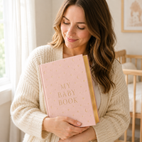 LABON Livre de souvenirs personnalisé pour bébé, thème céleste rose, couverture rigide en lin, bords dorés à la feuille d'or, journal des étapes importantes, cadeau de luxe