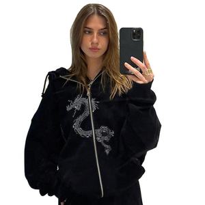 Sudadera con capucha personalizada con diamantes de imitación para mujer, sudadera gótica con cremallera estilo callejero de gran tamaño para mujer 2023 - Product Image 1