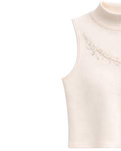 Débardeur côtelé blanc personnalisé pour femme à col montant avec bande de strass, sans manches, été, fabrication sur mesure - Product Image 2