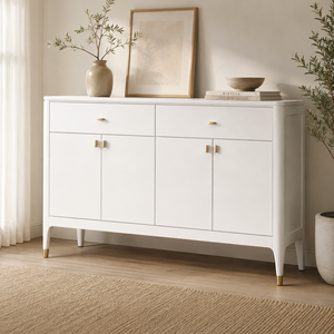 Buffet moderne en bois massif blanc avec quincaillerie dorée, 4 portes, 2 tiroirs, console de rangement pour salon et salle à manger - Product Image 4