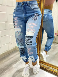 Hot Selling Clothing New Casual Women's Jeans Stylish Letter Pattern Ripped Skinny Jeans - Product Image 2