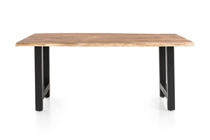 Mesa de Comedor de Madera de Acacia Sólida, Estilo Moderno de Mediados de Siglo, con Borde Natural Curvo y Patas Metálicas Plegables - Product Image 4