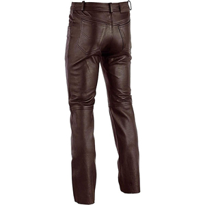 Moto Biker Style Leather Pants Men <b>Slim</b> Fit High Waist Solid Brown Full Length Trousers With Zippers - Product Image 5