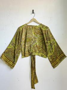 Haut court en soie 100% fait main pour femme, motif floral, décolleté plongeant, à nouer, sans bretelles, manches longues, pour soirée - Product Image 4