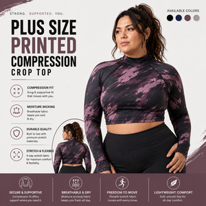 Haut court imprimé grande taille pour femme, à manches longues, de compression, col montant, pour le sport et l'entraînement, sous-vêtement de base, débardeur court - Product Image 1