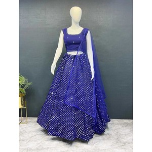DISEÑADOR GEORGETTE BORDADO TRABAJO LEHENGA CHOLI CON DUPATTA AZUL - Product Image 1