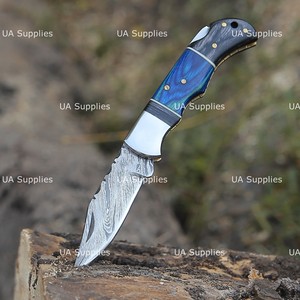 Excellent Quality UA Supplies Industrial Grade Damascus Steel Folding <b>Knife</b> Clip Point Blade Leather Sheath OEM Available 1 Year - Product Image 3