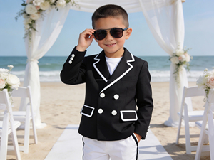Traje de Blazer Cruzado Verde Oliva para Niños para Boda en la Playa |   Traje Formal para Niños con Ribete Blanco - Product Image 3