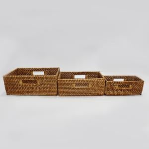 Natural Rattan Eco-Friendly <b>Storage</b> <b>Baskets</b> Set of 3 <b>Rectangle</b> Woven Organizer Handles Modern Multi-Purpose Neatening <b>Basket</b> - Product Image 3