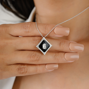 18K Art Deco Black Onyx Diamond Pendant Necklace Rhodium Plated - Product Image 4