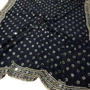 <b>Black</b> Chiffon Shawl With Mirror Embroidery Dot Pattern Long <b>Scarf</b> For Women Traditional Wear Hijab All Seasons embroidered shawl - Product Image 1