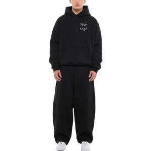 Ensemble survêtement homme noir à capuche, coupe ample, décontracté, avec poches latérales, en coton respirant - Product Image 2