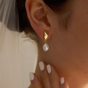 Gold Baroque Pearl Drop Earrings Minimalist Freshwater Pearl Jewelry Wedding Bridal Bridesmaid Gift Elegant - Product Image 6