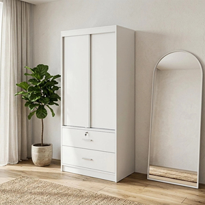 Armario de dormitorio contemporáneo de dos puertas con paneles planos de aglomerado, 2 cajones y 1 estante, modelo W207, Roble Blanco, venta al por mayor - Product Image 1