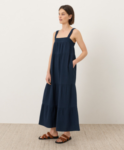 Women Girls Navy Blue Organic Cotton Floor-Length Strappy Tiered Maxi <b>Dress</b> <b>Loose</b> Fit Casual Summer Style Open Back Maxi <b>Dress</b> - Product Image 2