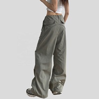 100% Poly Overzised Utility Trousers mit hoher Taille Baggy Draw string Casual Streetwear Pants Breites Bein Cargos mit mehreren Taschen für Frauen