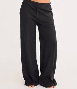 Pantalon de survêtement en molleton noir pour femme, coupe large, décontracté, avec cordon de serrage, taille mi-haute, ample, tricoté, longueur intégrale, pour la détente - Product Image 4